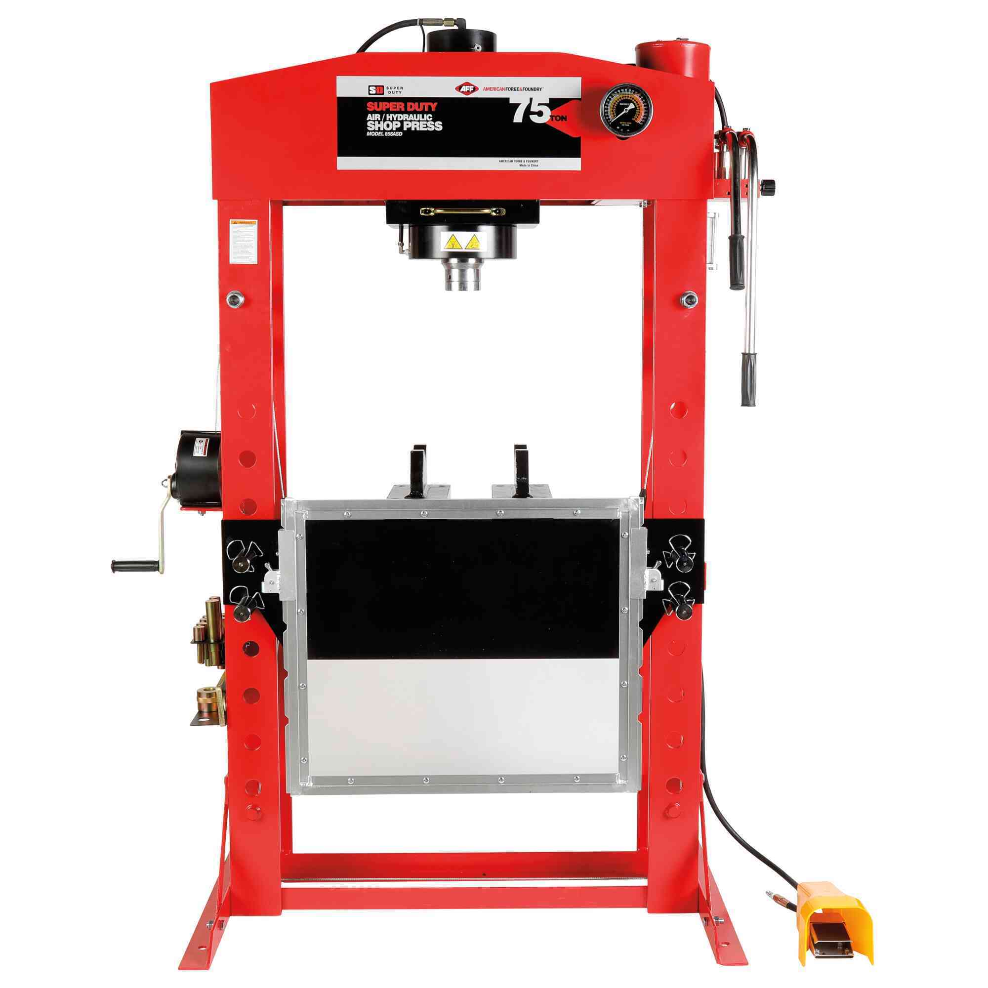 American Forge & Foundry - Shop Press - 75 Ton Capacity - Foot Operated Air Motor/Manual Pump W/ Hydraulic Ram - Built In Polycarbonate Press Guard - 10 pc  Pin & Bearing Press Adapter Set Included - SUPER DUTY - Model